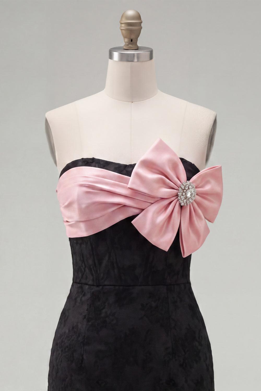 Dressystars Black & Pink Floral Strapless Beaded Corset Tight Short Homecoming Dress with Bow