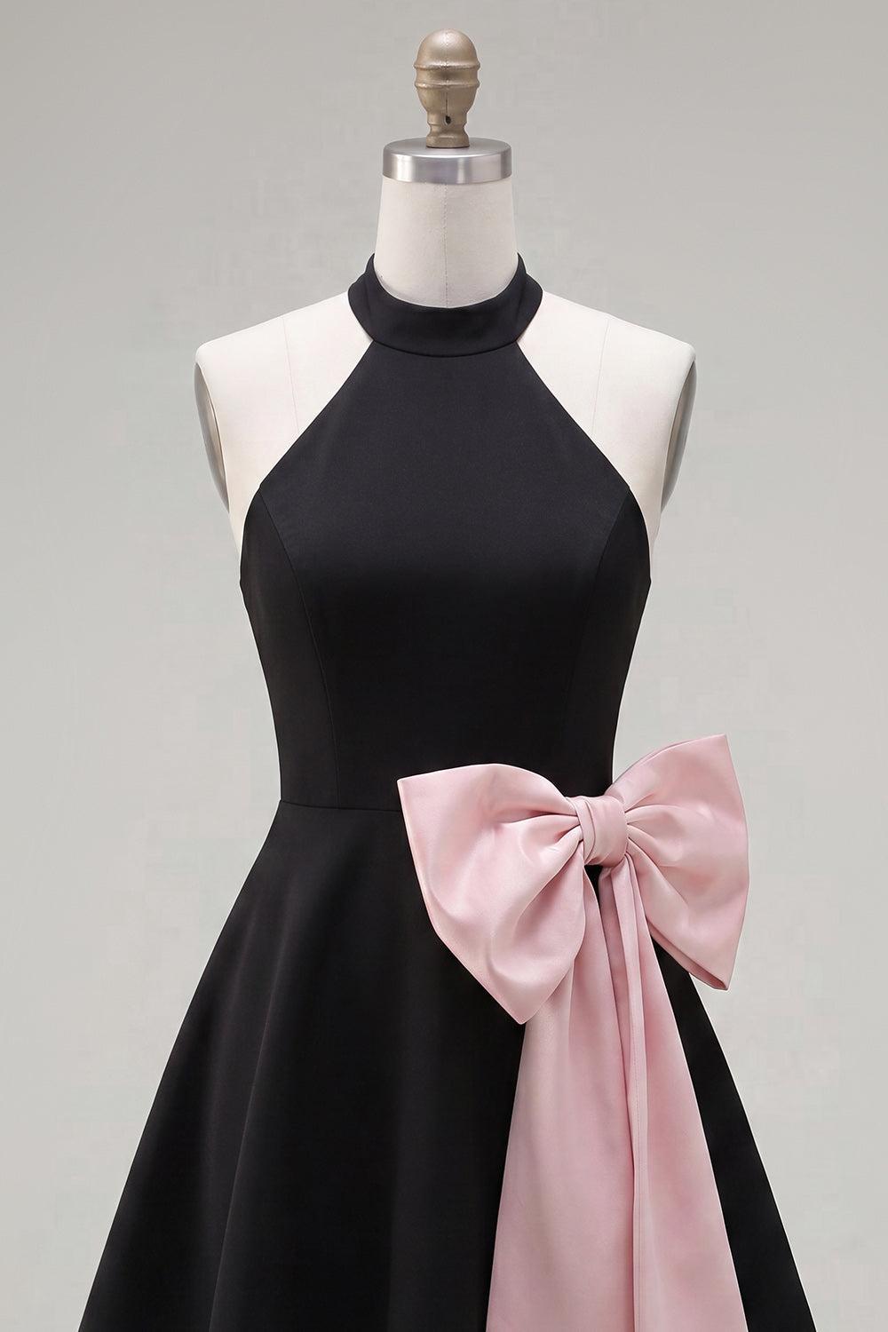 Dressystars Black & Pink High Neck A-Line Short Homecoming Dress with Bow