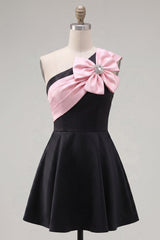 Dressystars Black & Pink One Shoulder Beaded A-Line Short Homecoming Dress with Bow