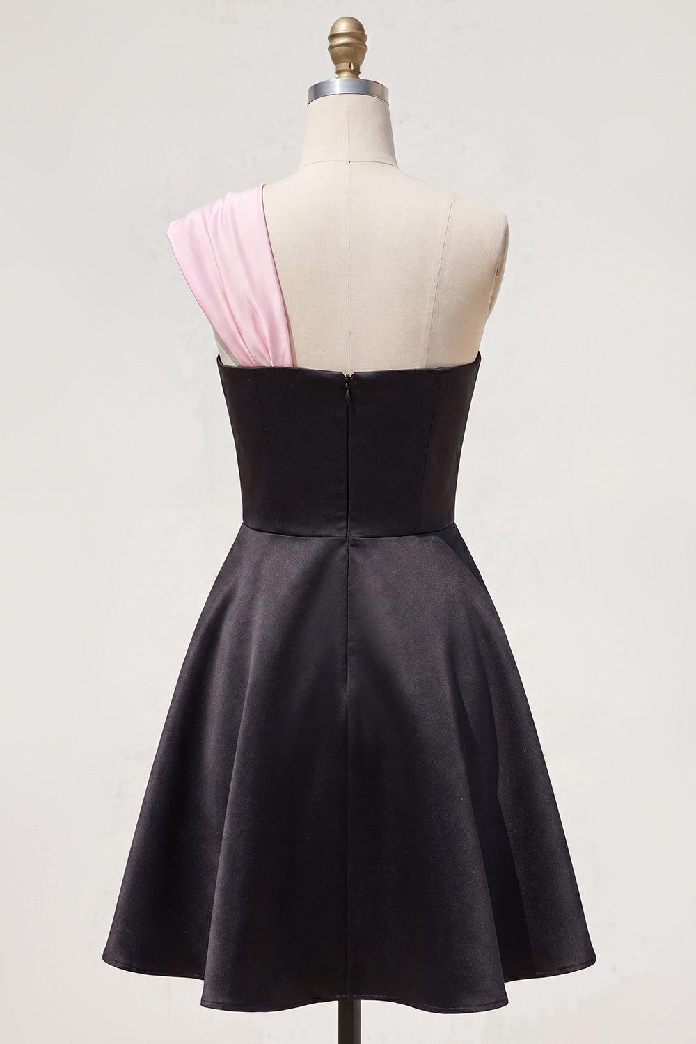Dressystars Black & Pink One Shoulder Beaded A-Line Short Homecoming Dress with Bow