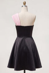 Dressystars Black & Pink One Shoulder Beaded A-Line Short Homecoming Dress with Bow