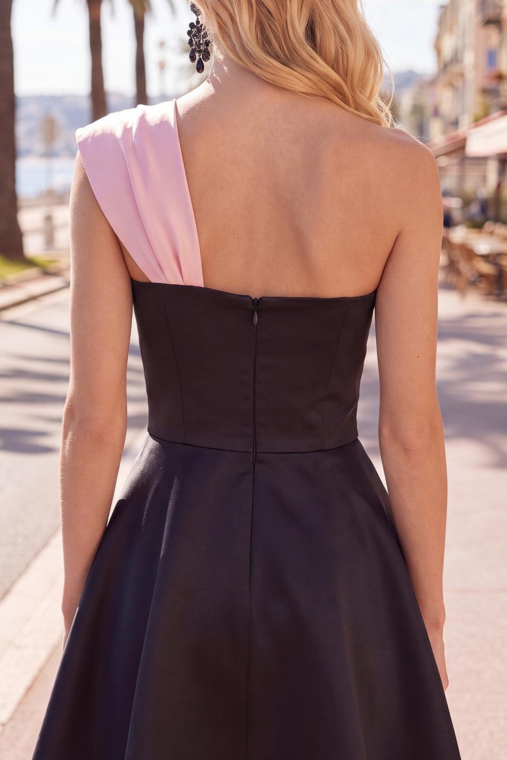 Dressystars Black & Pink One Shoulder Beaded A-Line Short Homecoming Dress with Bow