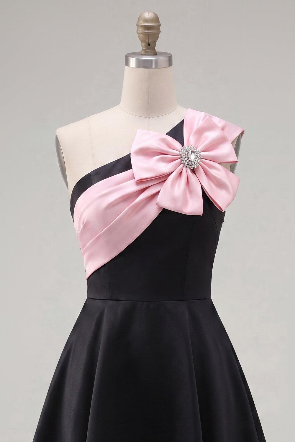 Dressystars Black & Pink One Shoulder Beaded A-Line Short Homecoming Dress with Bow