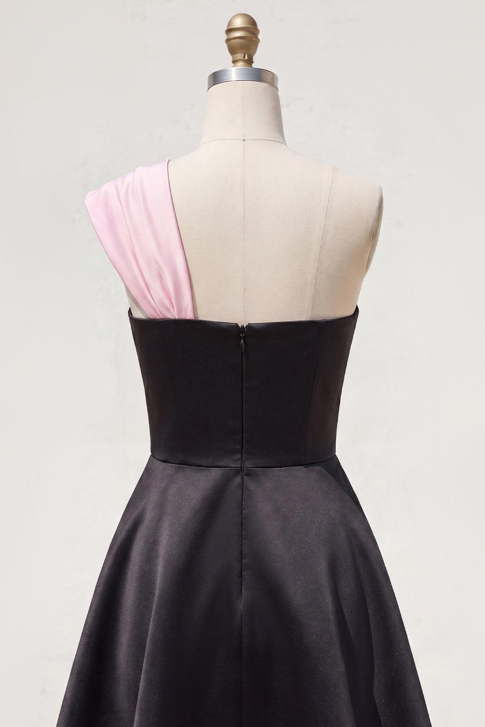 Dressystars Black & Pink One Shoulder Beaded A-Line Short Homecoming Dress with Bow