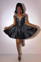 Dressystars Black Satin Homecoming Dresses Short Corset Cocktail Dresses With Rhinestones