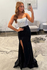 Dressystars Black & Silver Strapless Structured Corset Top Beading Prom Dress With High Slit Formal Evening Gown