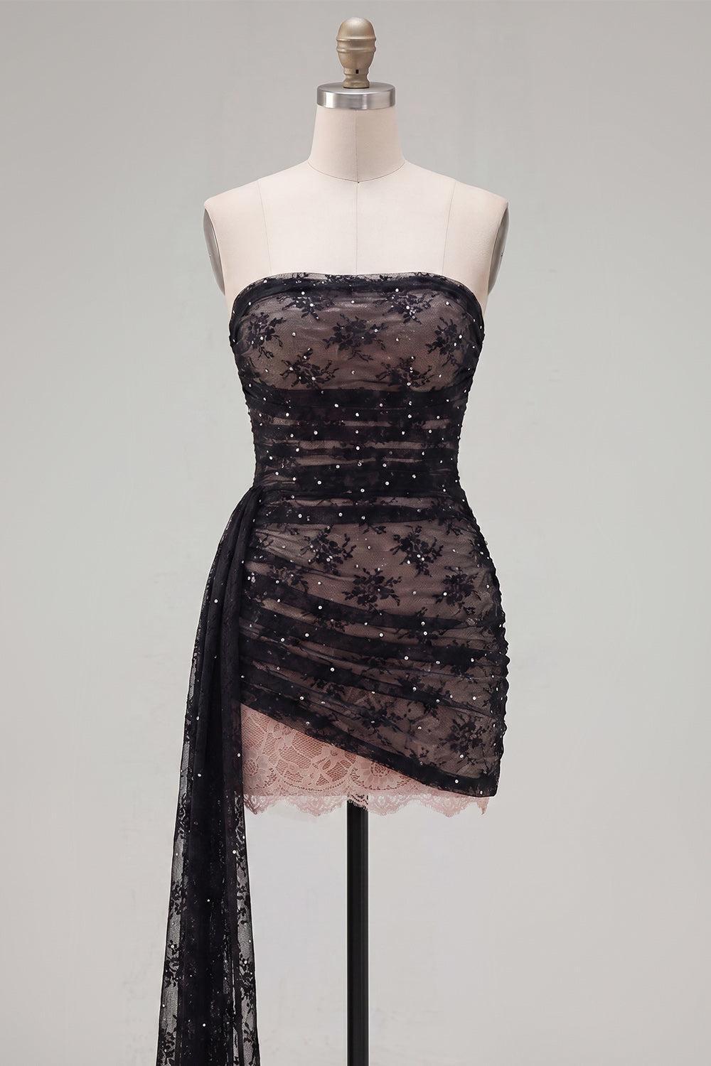Dressystars Black Strapless Beaded Tight Short Homecoming Dress with Sash