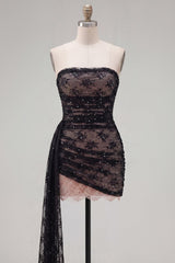 Dressystars Black Strapless Beaded Tight Short Homecoming Dress with Sash