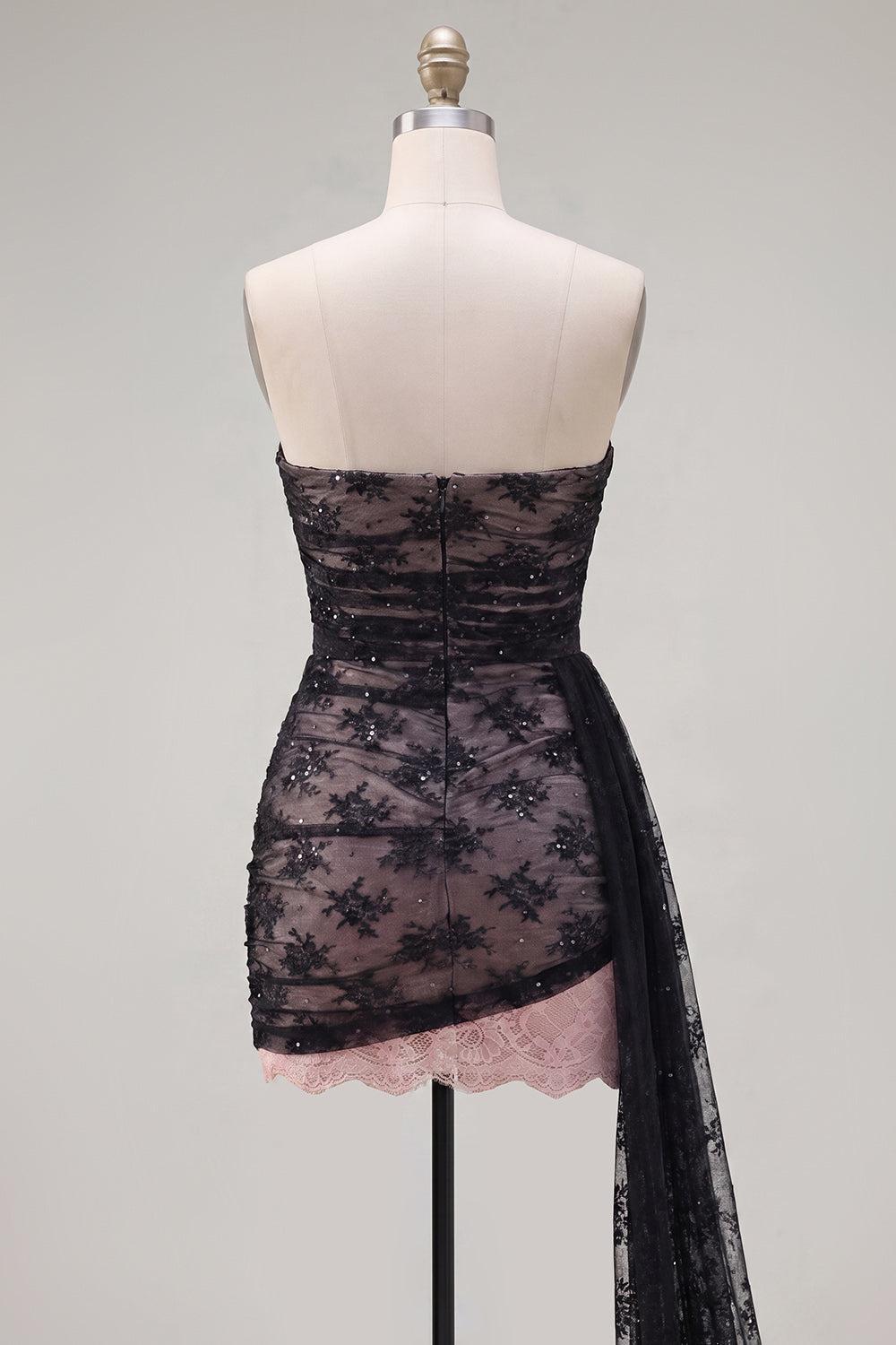 Dressystars Black Strapless Beaded Tight Short Homecoming Dress with Sash