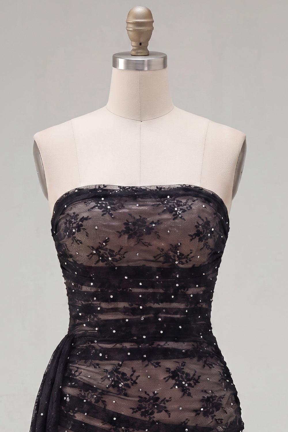 Dressystars Black Strapless Beaded Tight Short Homecoming Dress with Sash