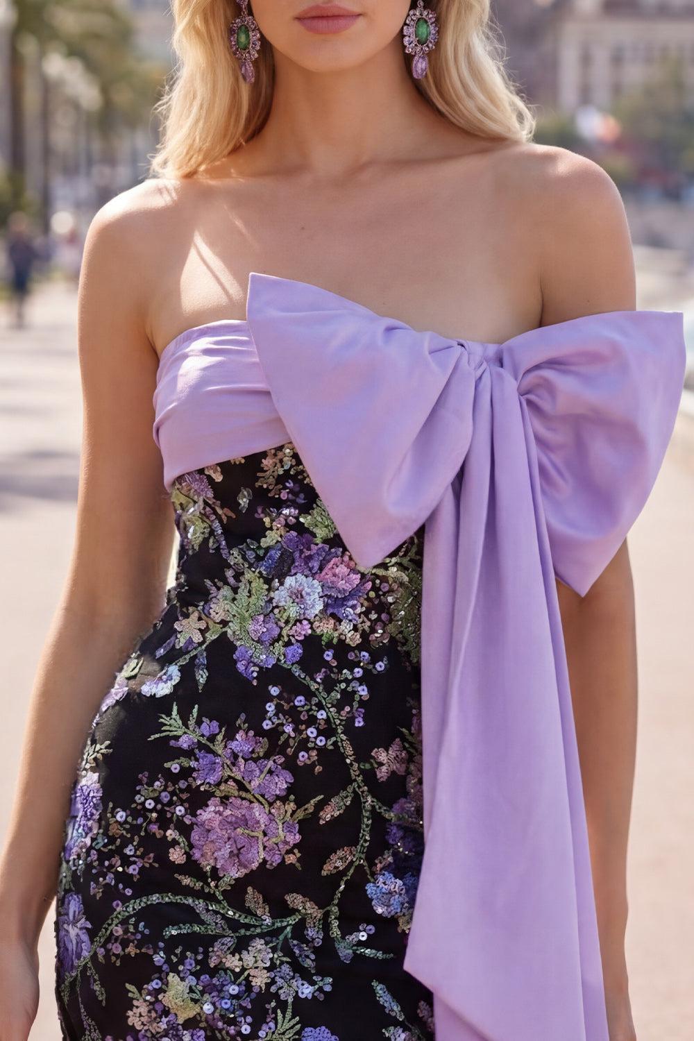 Dressystars Black Strapless Sequin Floral Tight Short Homecoming Dress with Bow