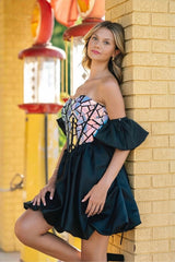 Dressystars Black Sweetheart Neck Homecoming Dress A Line Short Cocktail Dress with Sleeves