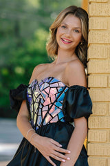 Dressystars Black Sweetheart Neck Homecoming Dress A Line Short Cocktail Dress with Sleeves