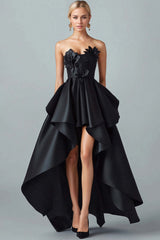 Dressystars Black Wedding Guest Dress High-Low A-Line Strapless 3D Flowers Satin Formal Dress With Ruffles