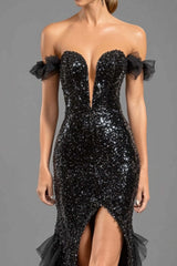 Dressystars Black Wedding Guest Dress Mermaid Off The Shoulder Sequins Formal Dress With Ruffles