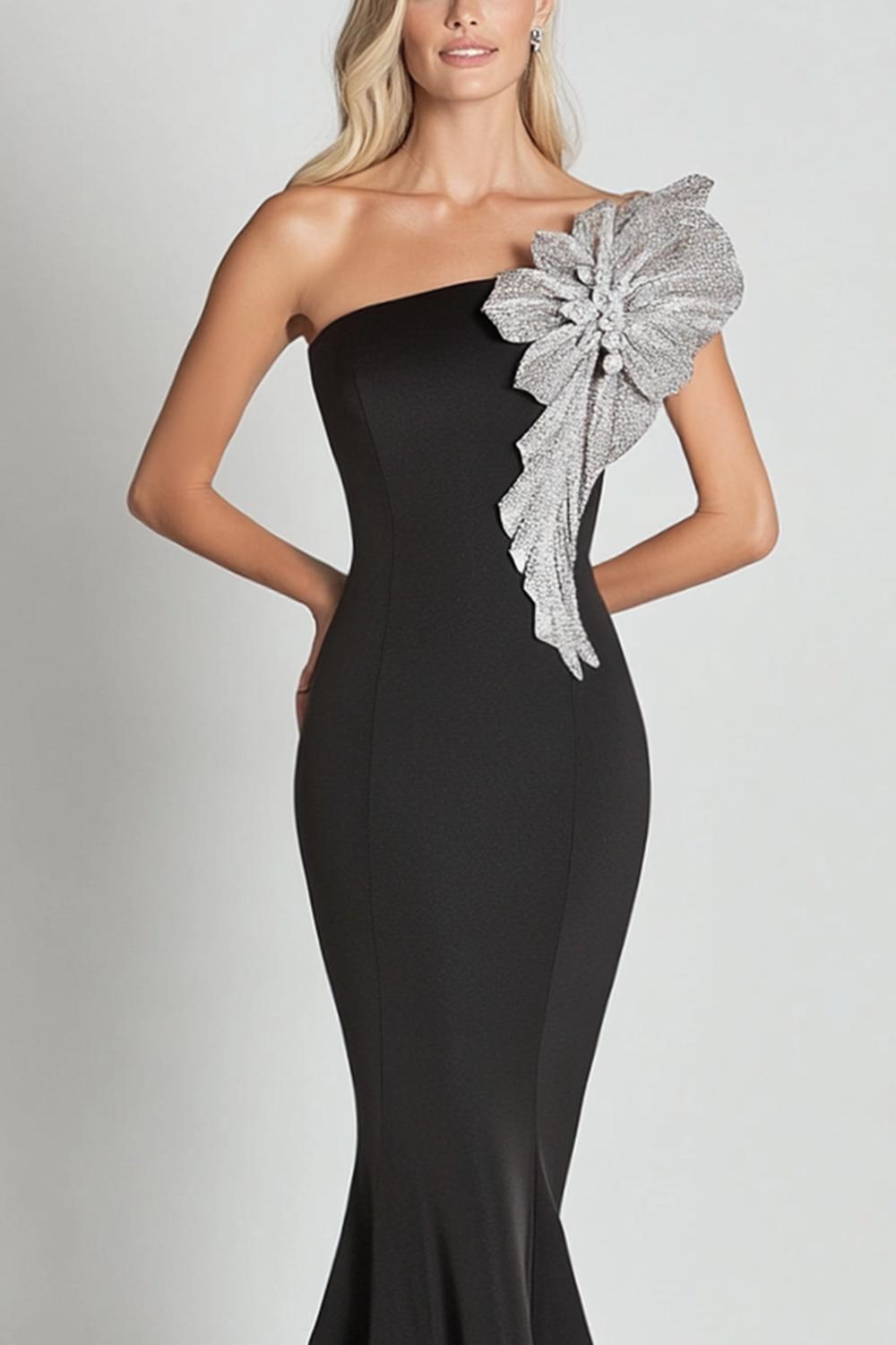 Dressystars Black Wedding Guest Dress Mermaid One Shoulder Long Formal Dress With Sequines