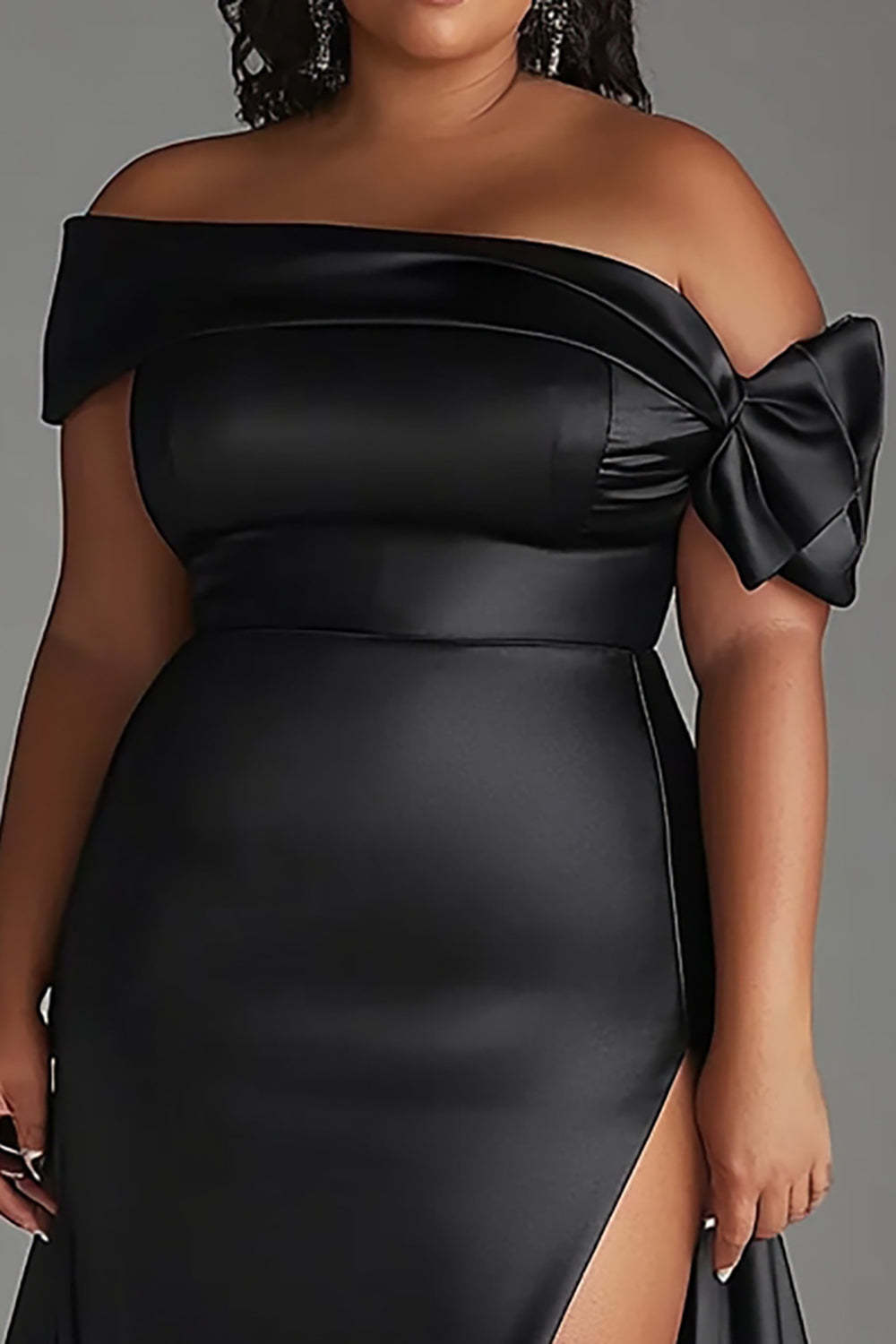 Dressystars Black Wedding Guest Dress Plus Size Off The Shoulder Long Satin Formal Dress With Slit