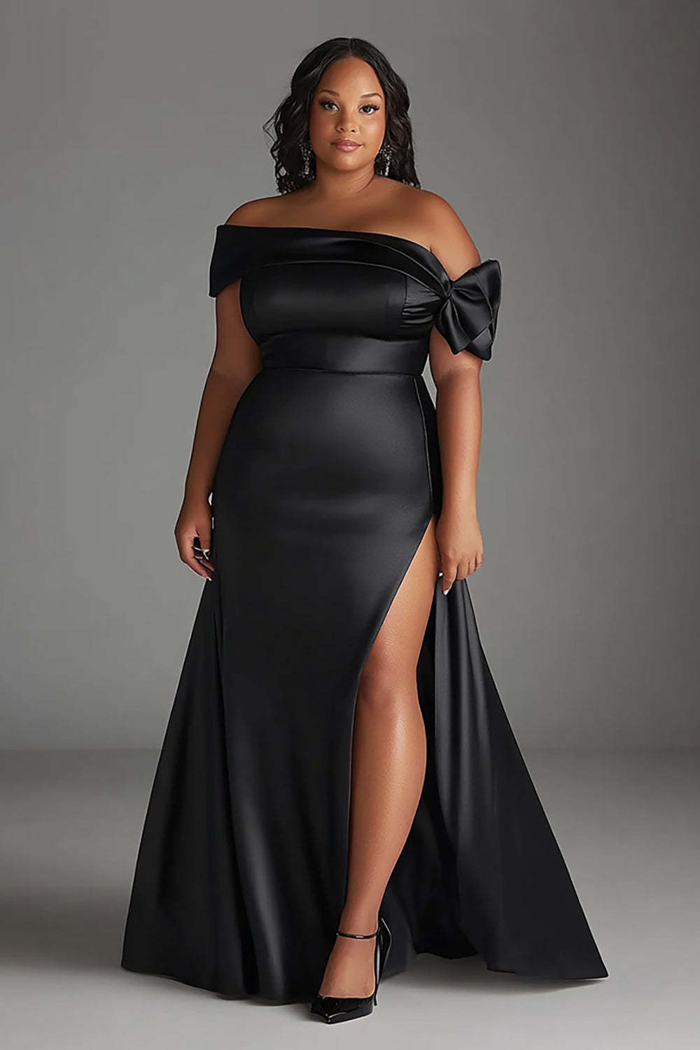 Dressystars Black Wedding Guest Dress Plus Size Off The Shoulder Long Satin Formal Dress With Slit