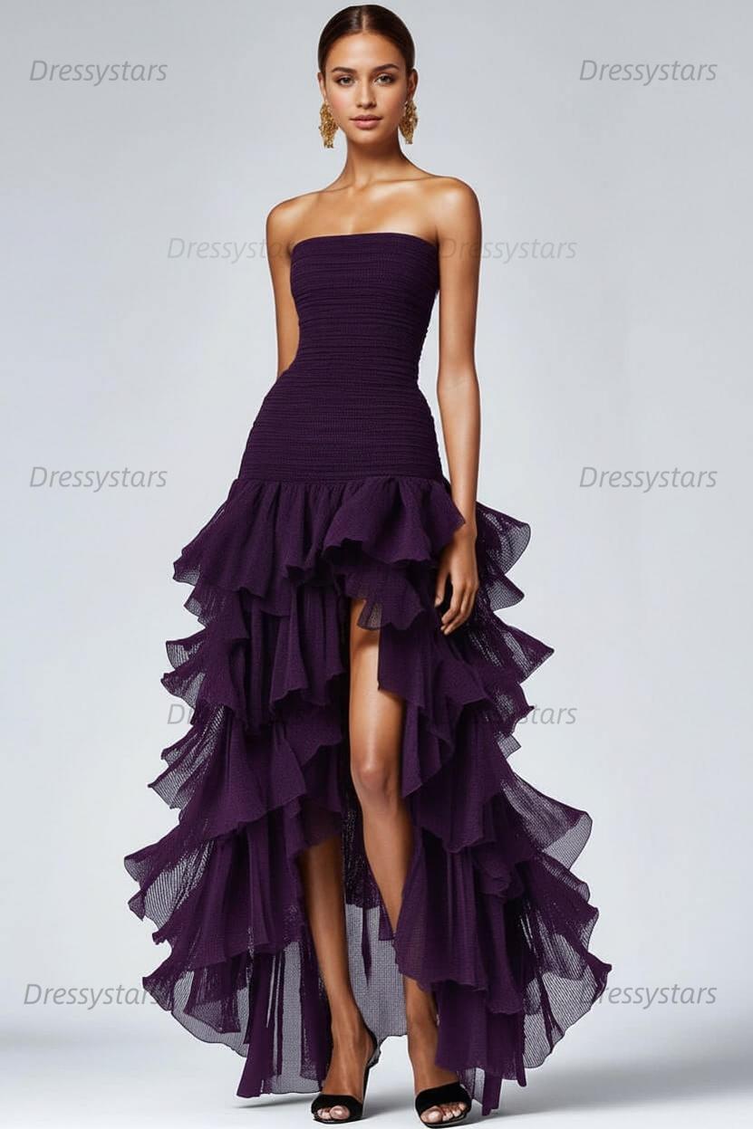 Dressystars Black Wedding Guest Dress Strapless Tulle Long Ruffled Formal Dress With Slit