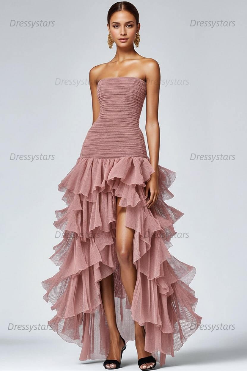 Dressystars Black Wedding Guest Dress Strapless Tulle Long Ruffled Formal Dress With Slit