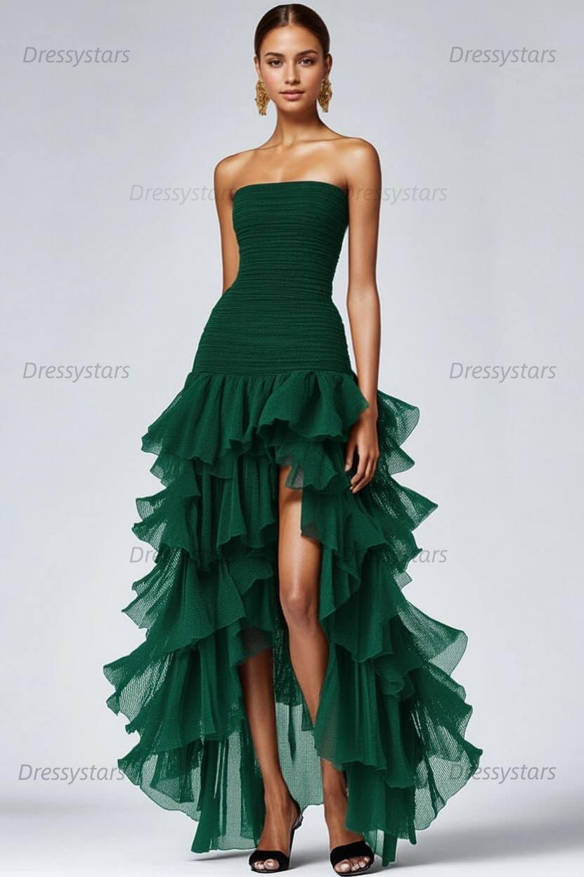 Dressystars Black Wedding Guest Dress Strapless Tulle Long Ruffled Formal Dress With Slit