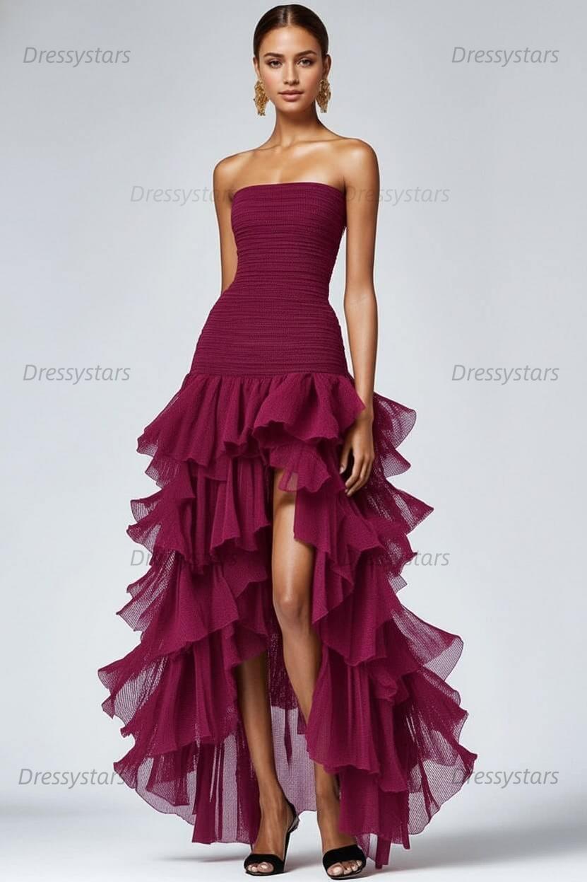 Dressystars Black Wedding Guest Dress Strapless Tulle Long Ruffled Formal Dress With Slit