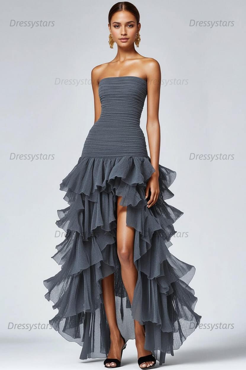 Dressystars Black Wedding Guest Dress Strapless Tulle Long Ruffled Formal Dress With Slit