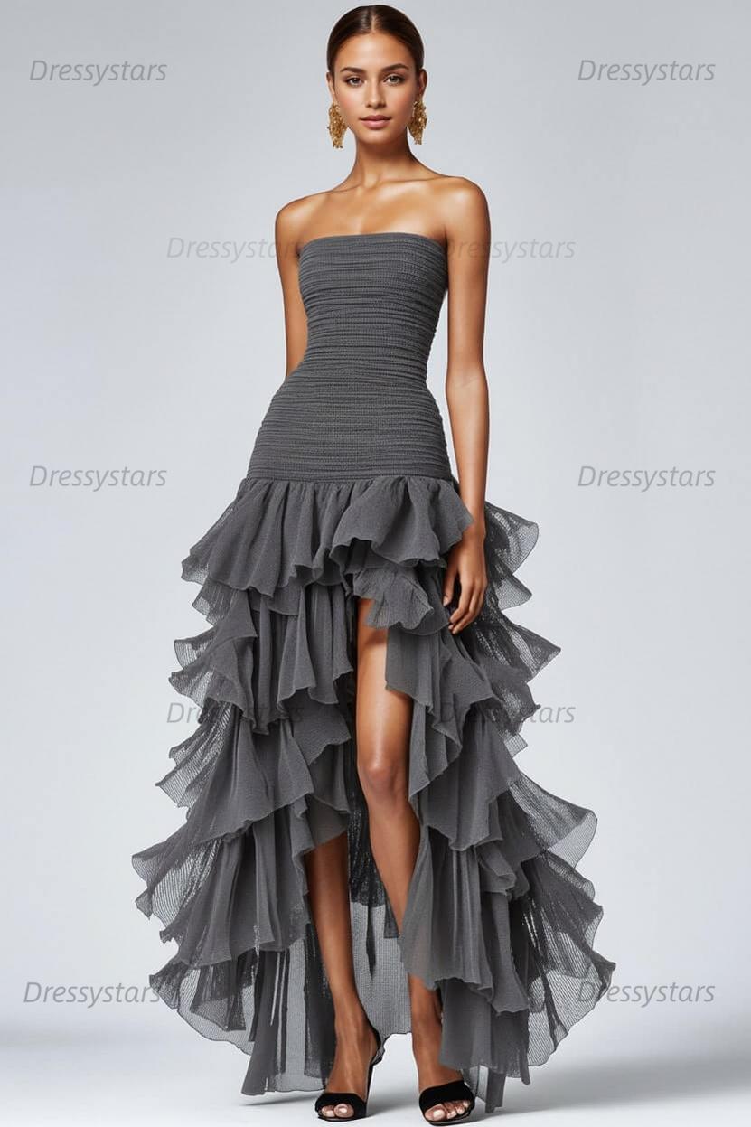 Dressystars Black Wedding Guest Dress Strapless Tulle Long Ruffled Formal Dress With Slit