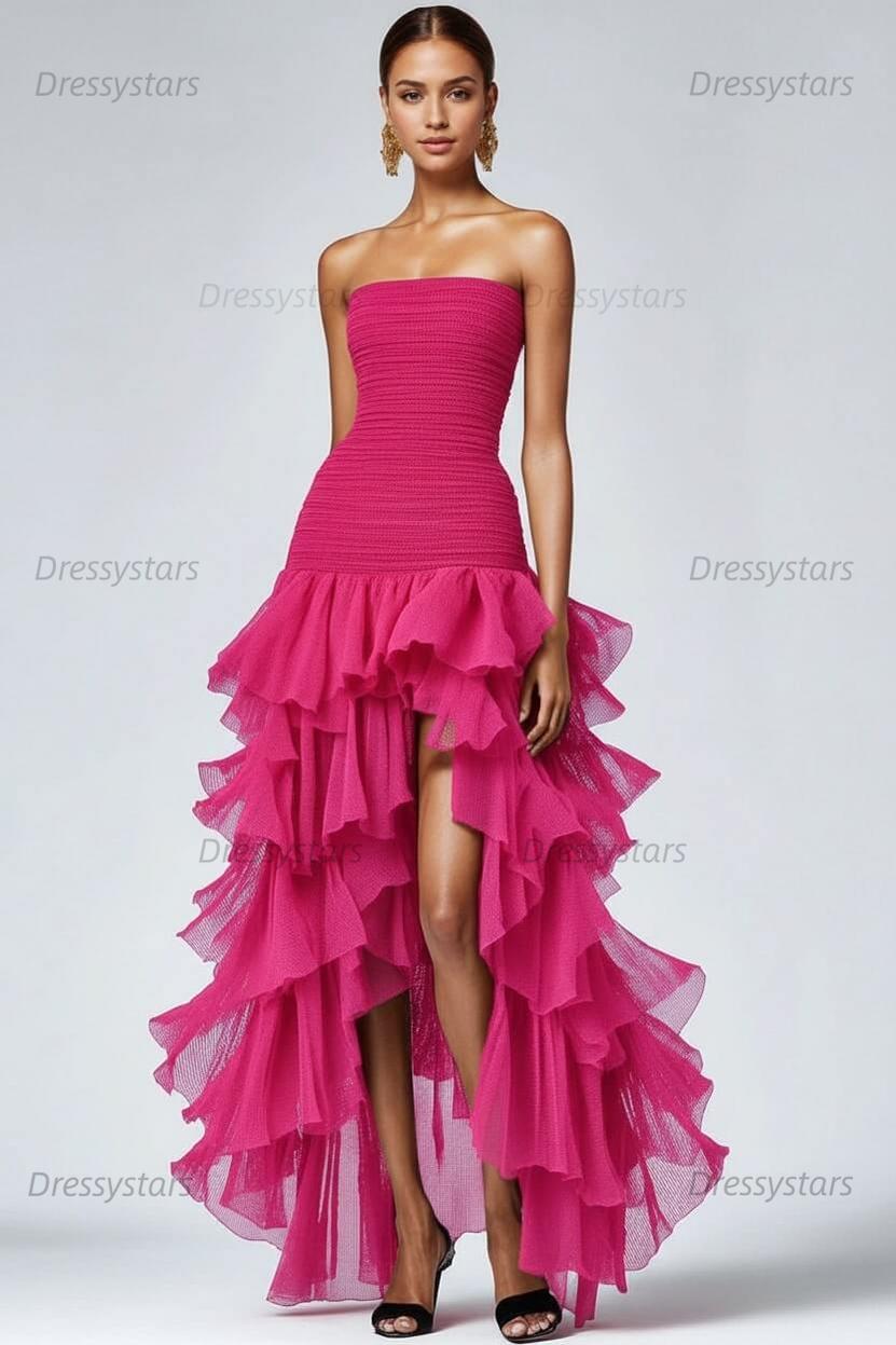 Dressystars Black Wedding Guest Dress Strapless Tulle Long Ruffled Formal Dress With Slit