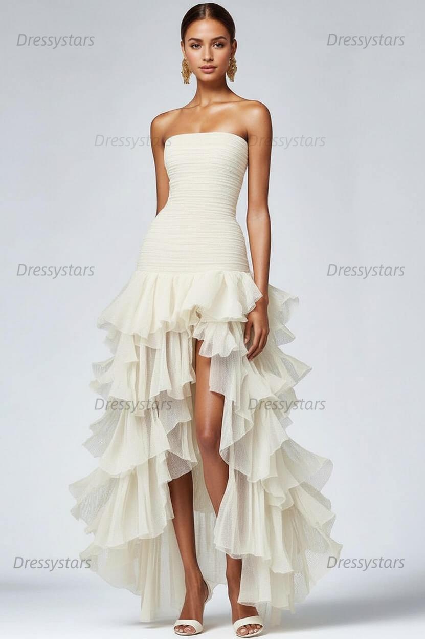 Dressystars Black Wedding Guest Dress Strapless Tulle Long Ruffled Formal Dress With Slit