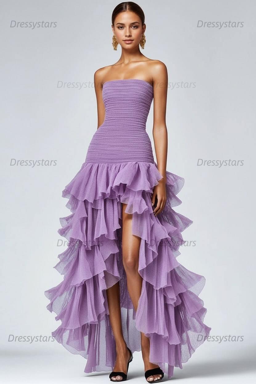 Dressystars Black Wedding Guest Dress Strapless Tulle Long Ruffled Formal Dress With Slit