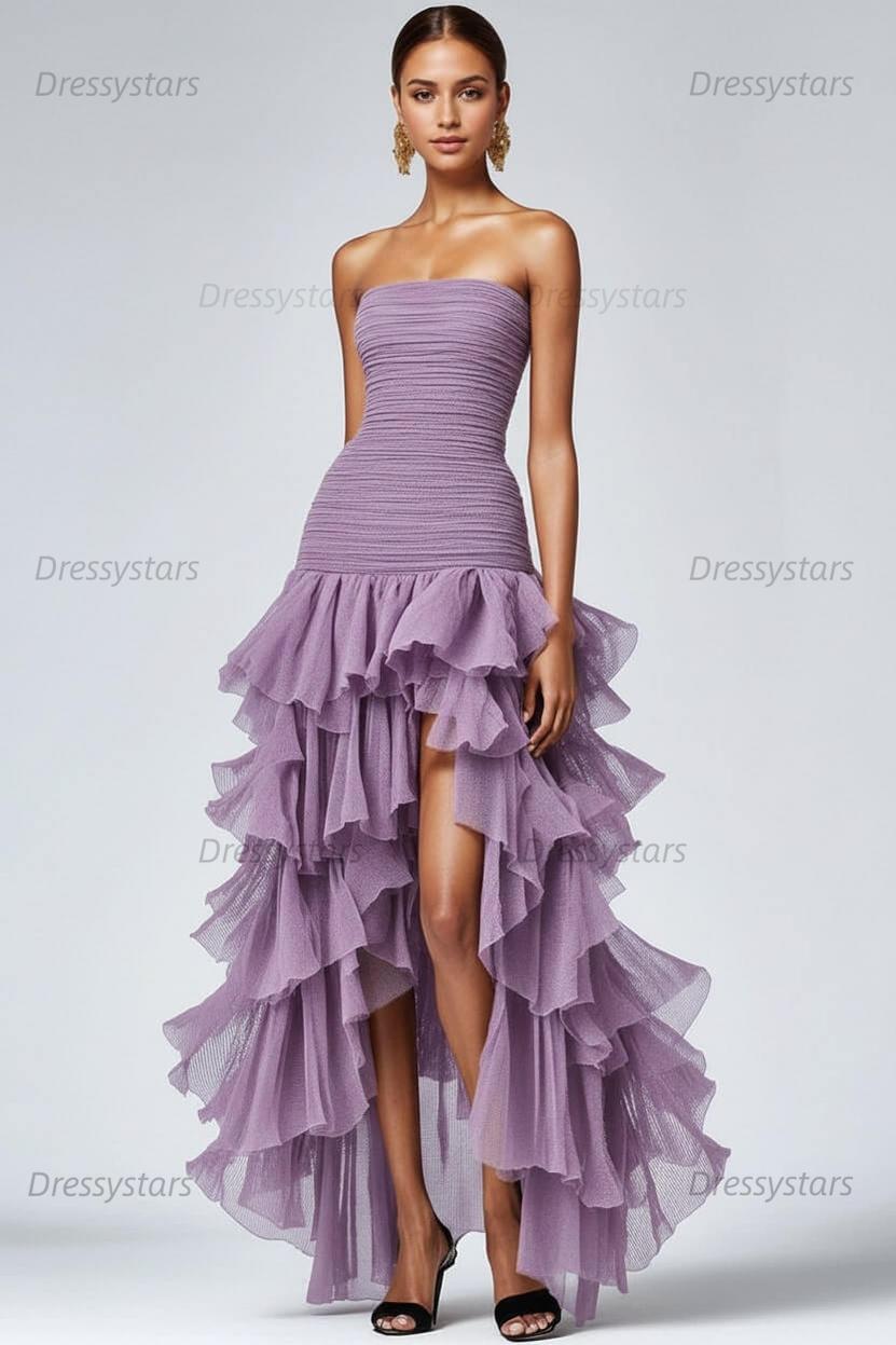 Dressystars Black Wedding Guest Dress Strapless Tulle Long Ruffled Formal Dress With Slit