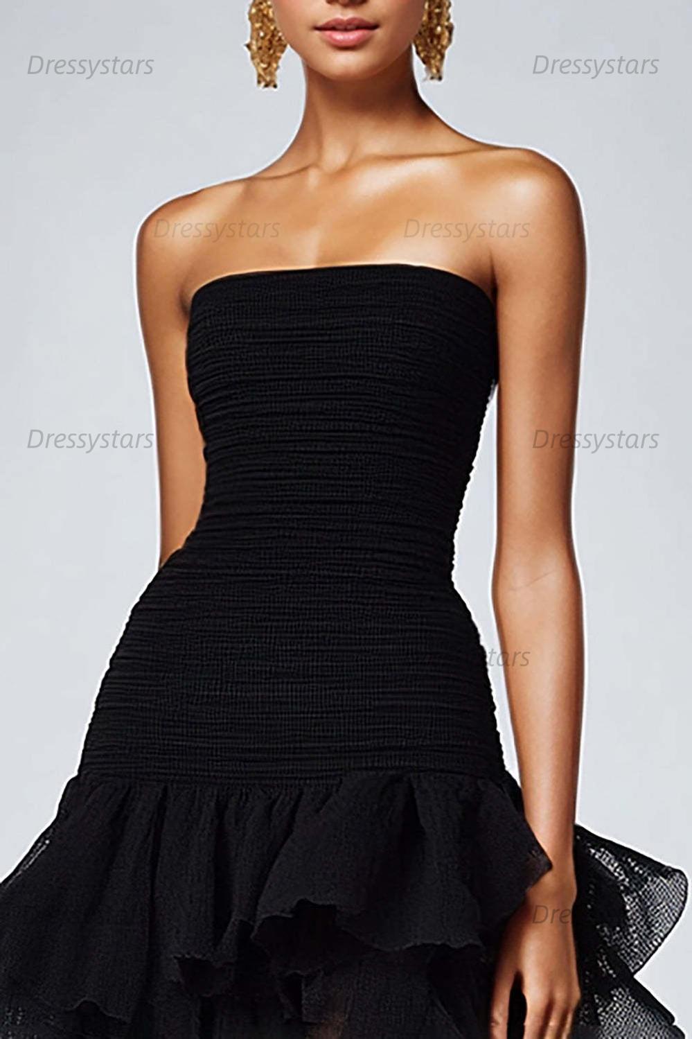 Dressystars Black Wedding Guest Dress Strapless Tulle Long Ruffled Formal Dress With Slit