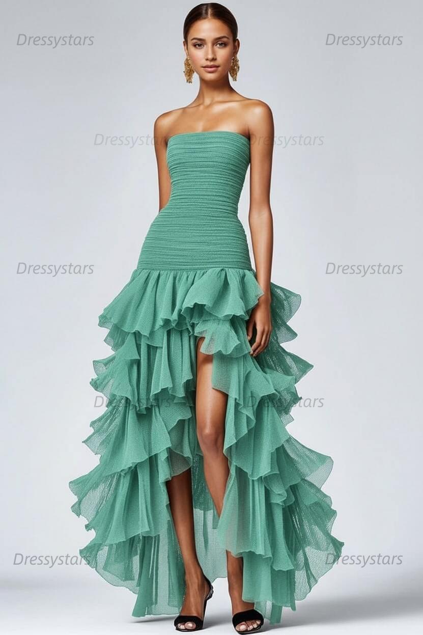 Dressystars Black Wedding Guest Dress Strapless Tulle Long Ruffled Formal Dress With Slit