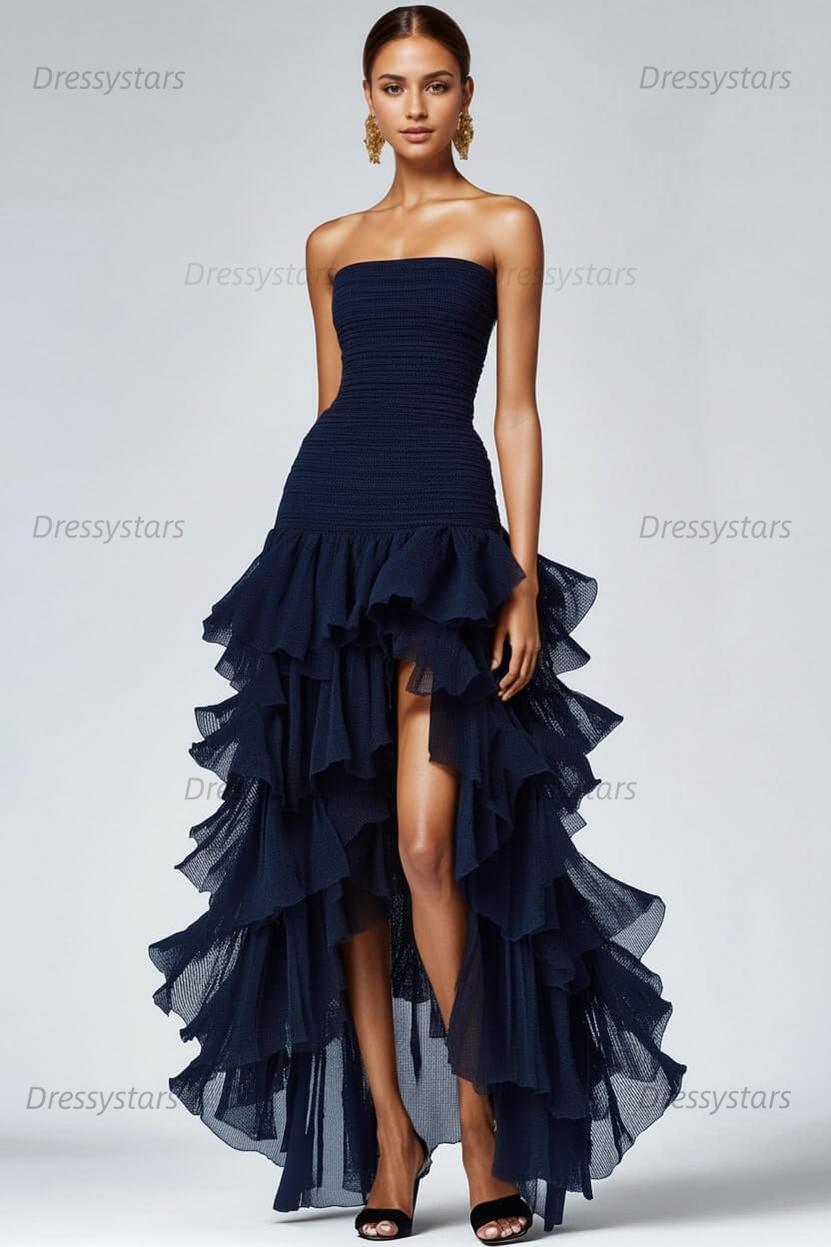 Dressystars Black Wedding Guest Dress Strapless Tulle Long Ruffled Formal Dress With Slit