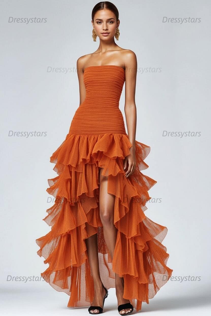 Dressystars Black Wedding Guest Dress Strapless Tulle Long Ruffled Formal Dress With Slit