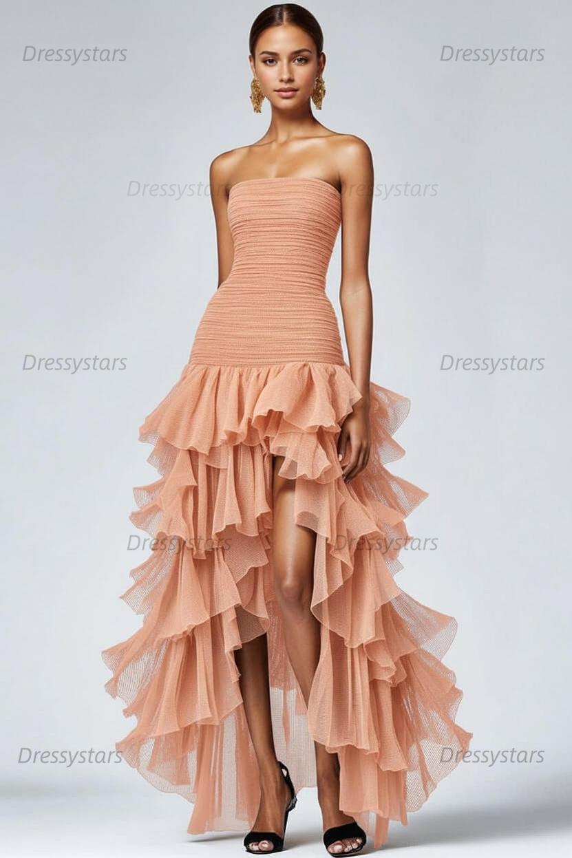 Dressystars Black Wedding Guest Dress Strapless Tulle Long Ruffled Formal Dress With Slit