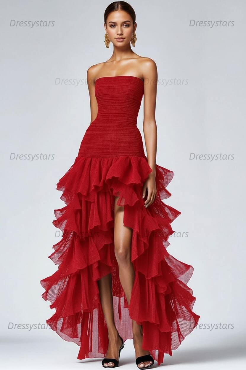 Dressystars Black Wedding Guest Dress Strapless Tulle Long Ruffled Formal Dress With Slit
