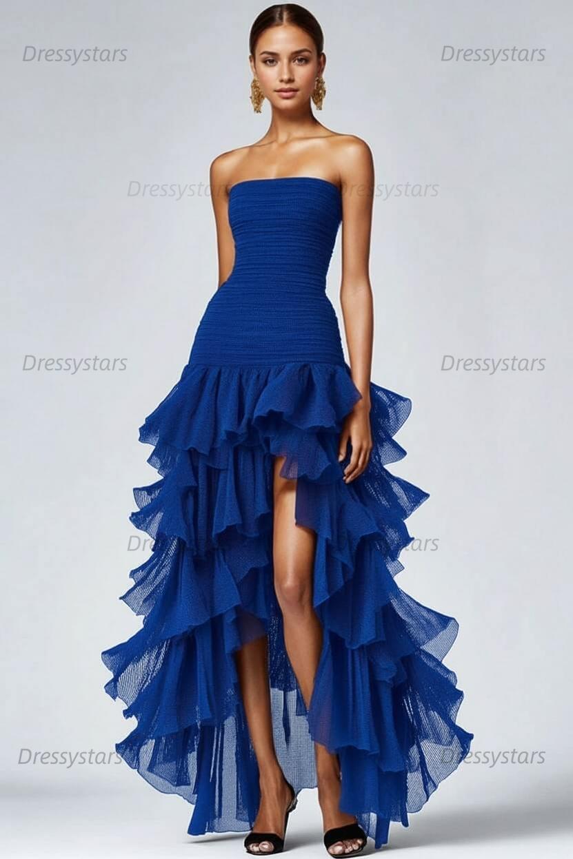 Dressystars Black Wedding Guest Dress Strapless Tulle Long Ruffled Formal Dress With Slit