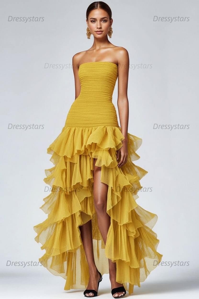 Dressystars Black Wedding Guest Dress Strapless Tulle Long Ruffled Formal Dress With Slit