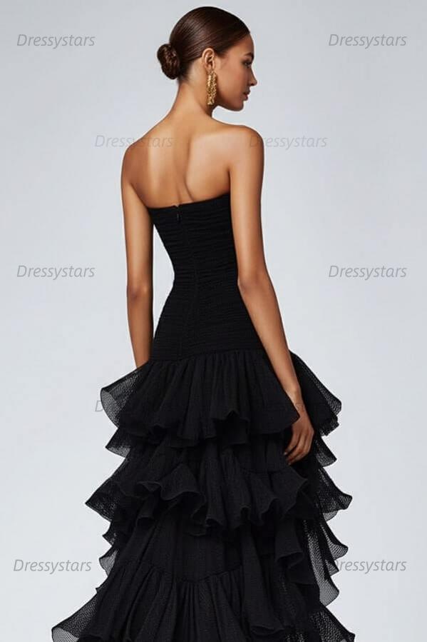 Dressystars Black Wedding Guest Dress Strapless Tulle Long Ruffled Formal Dress With Slit
