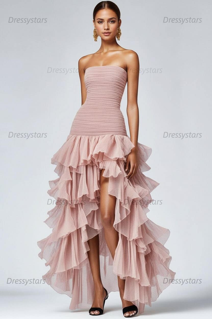 Dressystars Black Wedding Guest Dress Strapless Tulle Long Ruffled Formal Dress With Slit