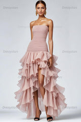 Dressystars Black Wedding Guest Dress Strapless Tulle Long Ruffled Formal Dress With Slit