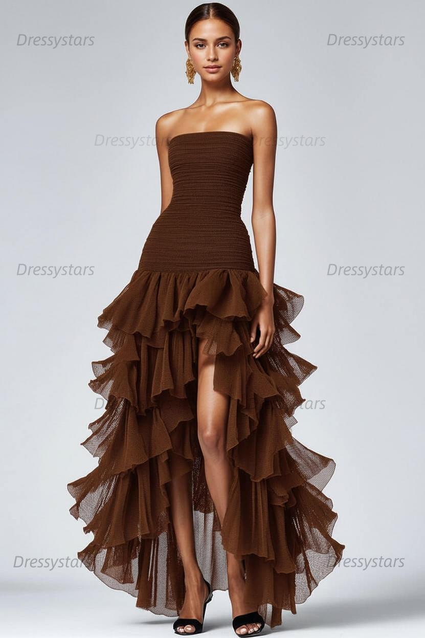 Dressystars Black Wedding Guest Dress Strapless Tulle Long Ruffled Formal Dress With Slit