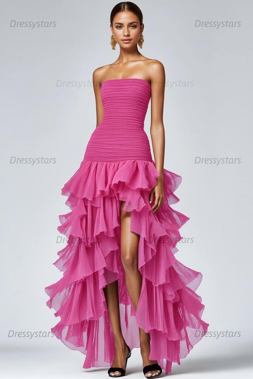 Dressystars Black Wedding Guest Dress Strapless Tulle Long Ruffled Formal Dress With Slit