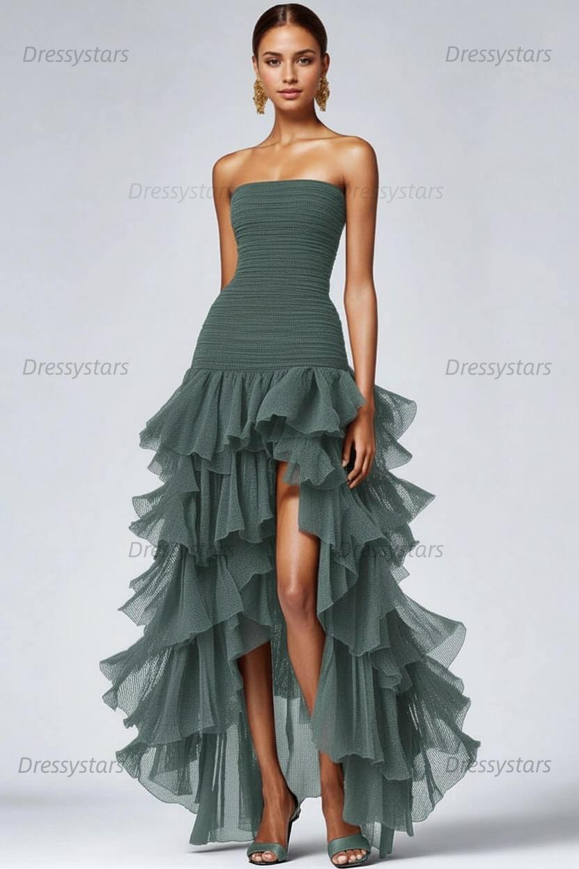 Dressystars Black Wedding Guest Dress Strapless Tulle Long Ruffled Formal Dress With Slit