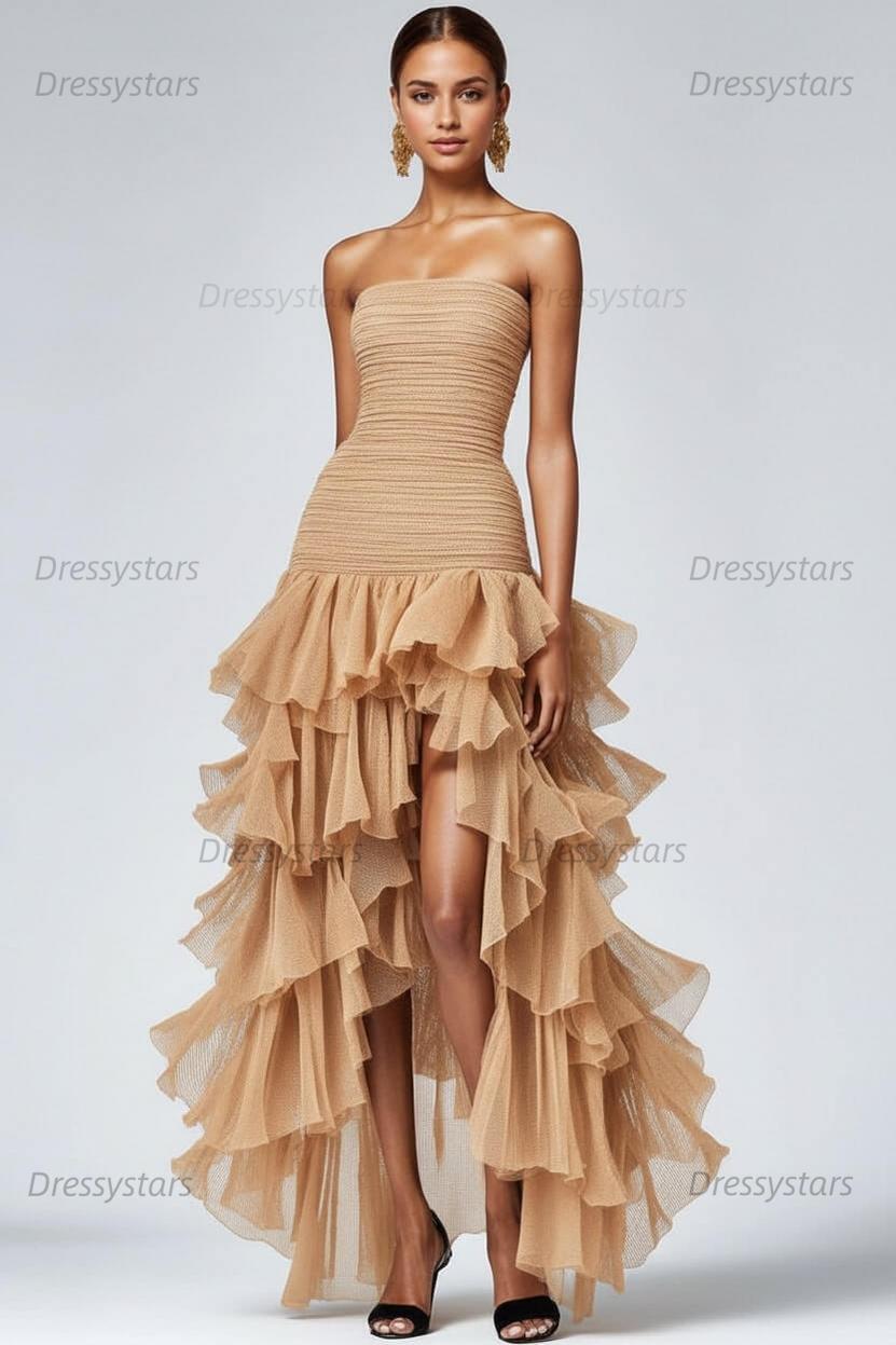 Dressystars Black Wedding Guest Dress Strapless Tulle Long Ruffled Formal Dress With Slit