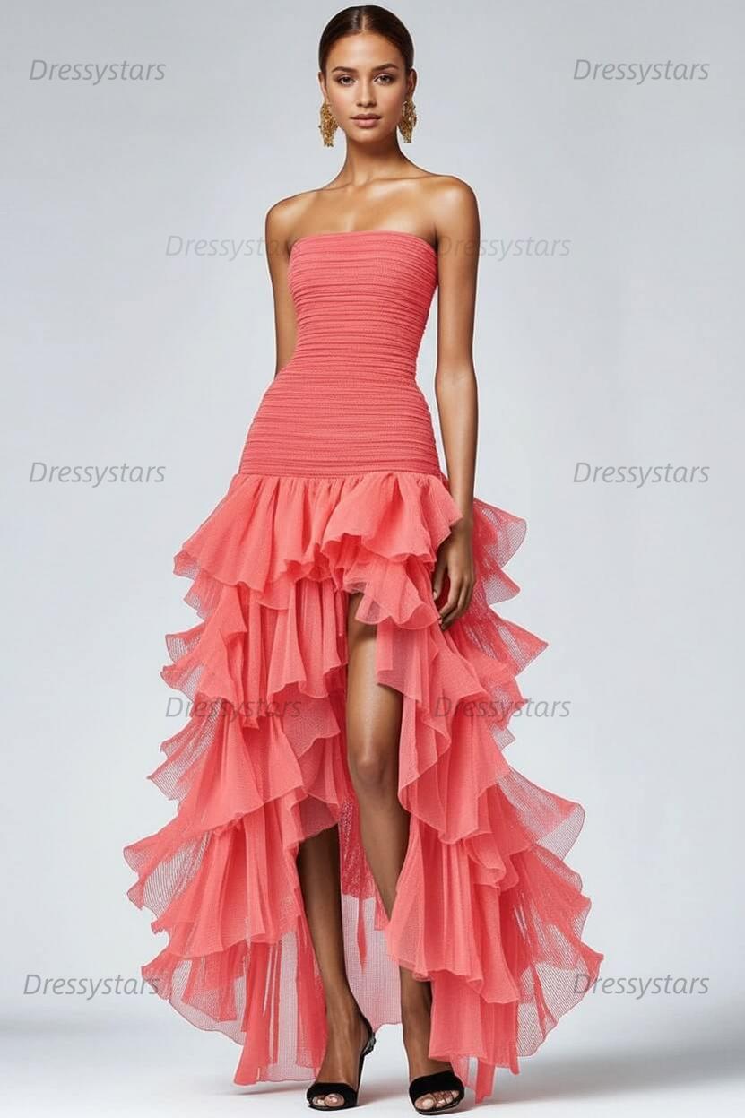 Dressystars Black Wedding Guest Dress Strapless Tulle Long Ruffled Formal Dress With Slit