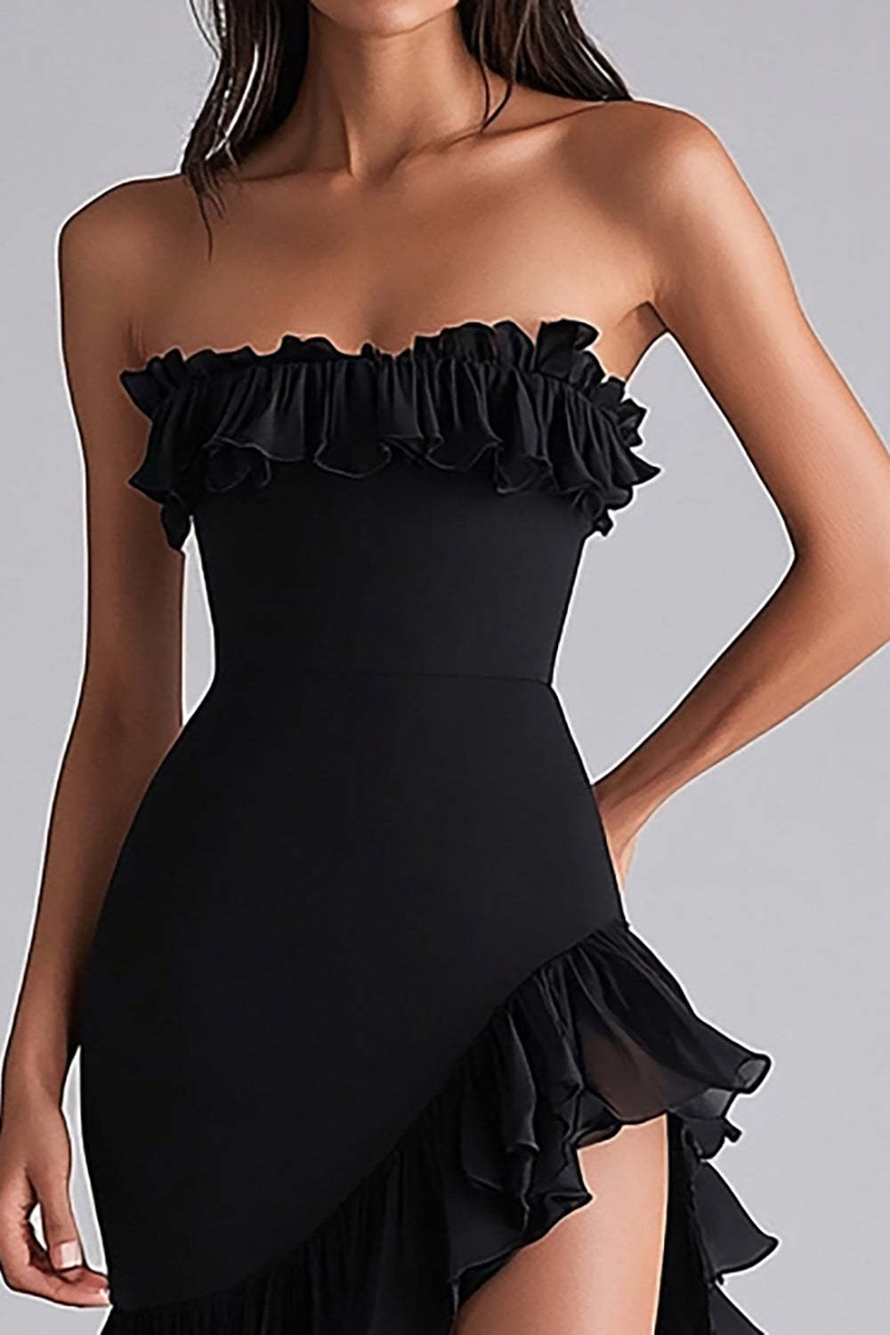Dressystars Black Wedding Guest Dress Tiered Strapless Long Chiffon Formal Dress With Slit
