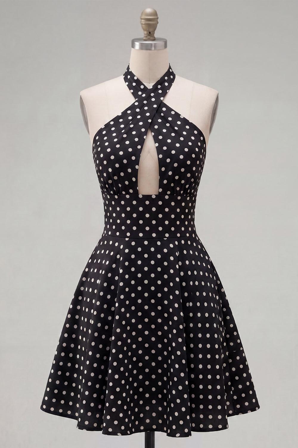 Dressystars Black & White Polka Dot Halter Keyhole A-Line Short Homecoming Dress